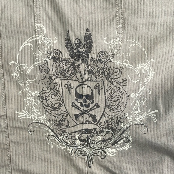 VTG GUESS Y2K Men’s Button Down Shirt Skull Graphics Print Size XXL Tan Stripes - Picture 5 of 16